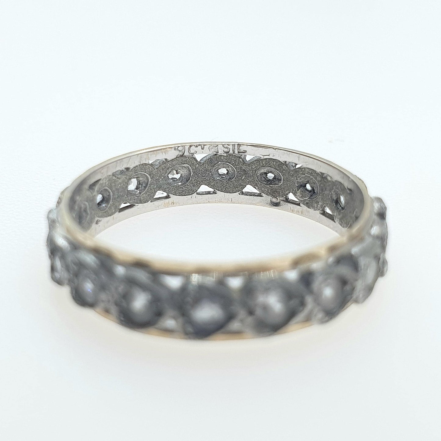 Antique Art Deco 9ct Gold & Solid Silver White Spinel Eternity Ring Heart Border Sparkly Womens Jewelry Jewellery UKO.5 US7.5