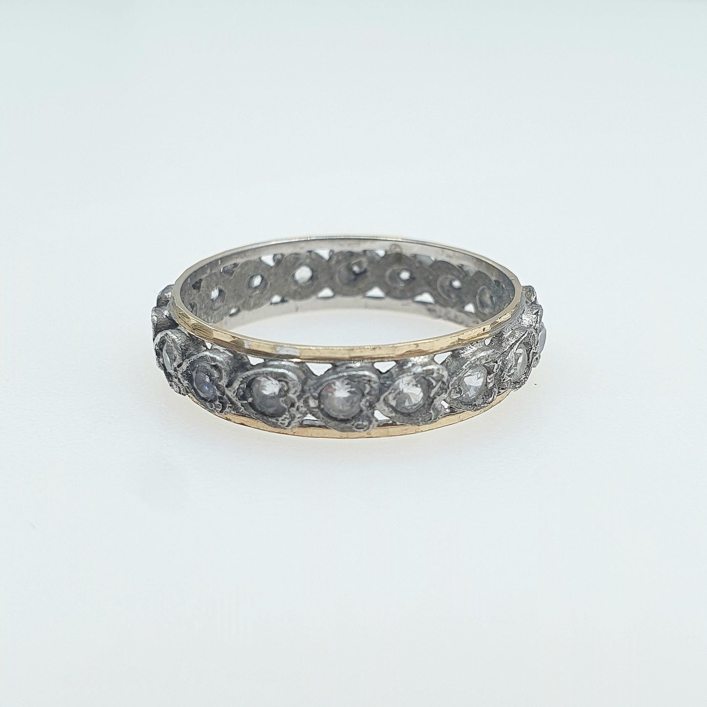 Antique Art Deco 9ct Gold & Solid Silver White Spinel Eternity Ring Heart Border Sparkly Womens Jewelry Jewellery UKO.5 US7.5
