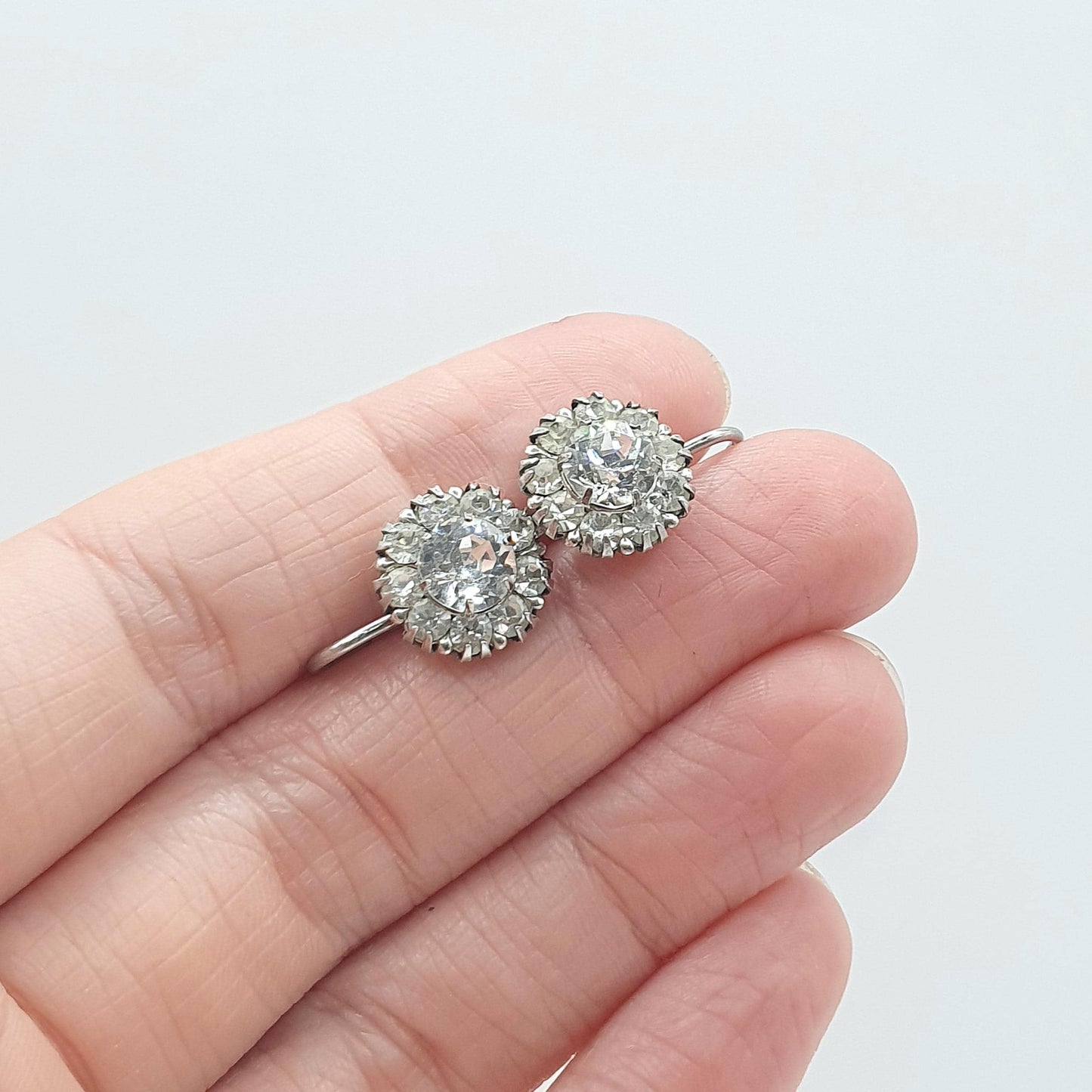 Antique Solid Silver Diamond Paste Cluster Earrings Screw Back Vintage Art Deco 1920s Vintage Womens Jewelry Jewellery