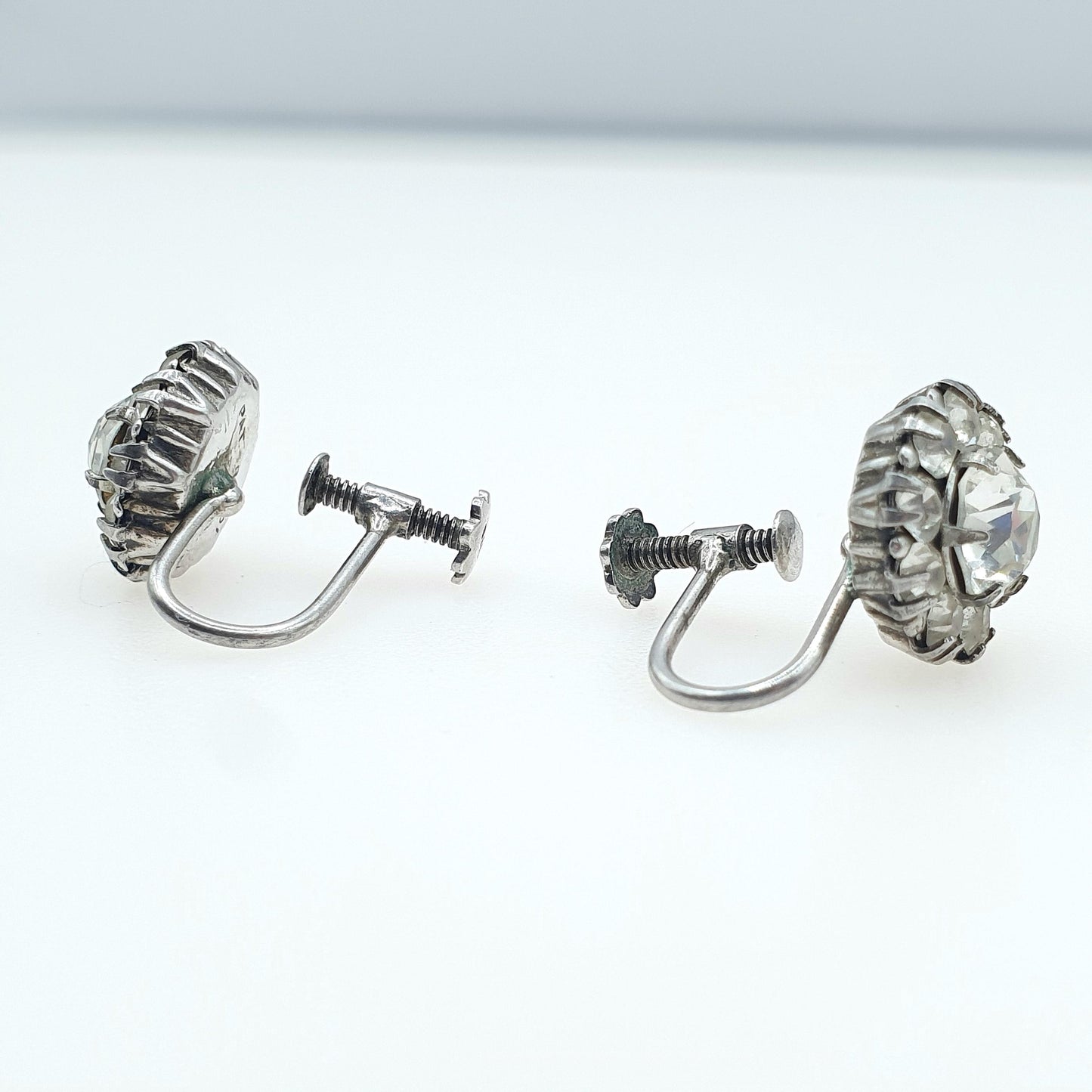 Antique Solid Silver Diamond Paste Cluster Earrings Screw Back Vintage Art Deco 1920s Vintage Womens Jewelry Jewellery