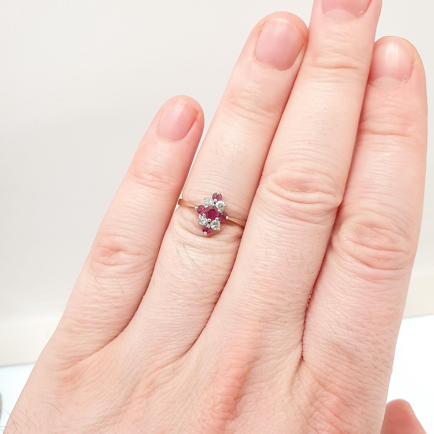 Vintage 9k 9ct Gold Ruby Ring Kite Cluster 1983 Hallmarked CZ Solid 9kt Red Genuine Gemstone Womens Jewelry Jewellery