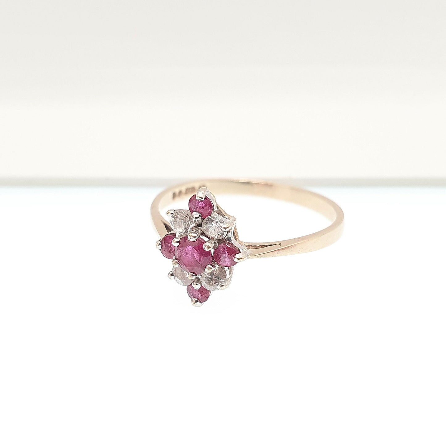Vintage 9k 9ct Gold Ruby Ring Kite Cluster 1983 Hallmarked CZ Solid 9kt Red Genuine Gemstone Womens Jewelry Jewellery