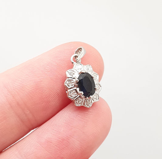 Vintage 9ct Gold Sapphire & Diamond Pendant White Gold Cluster Halo Solid 375 9k Genuine Gemstone Necklace Jewelry Jewellery