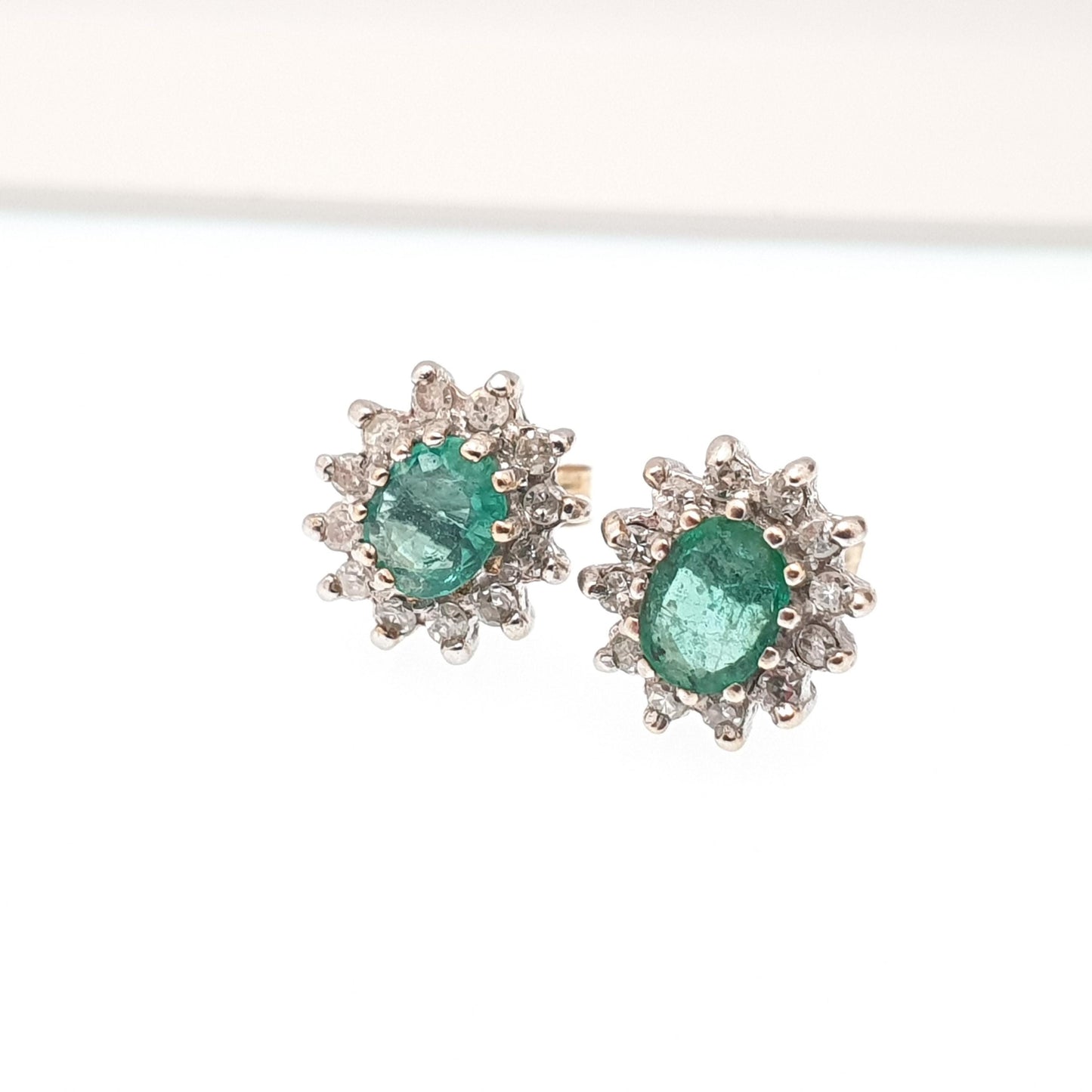 Vintage 9ct Gold Emerald & Diamond Stud Earrings Cluster Halo Solid 9k 375 Oval Cut Genuine Gemstone Jewelry Jewellery