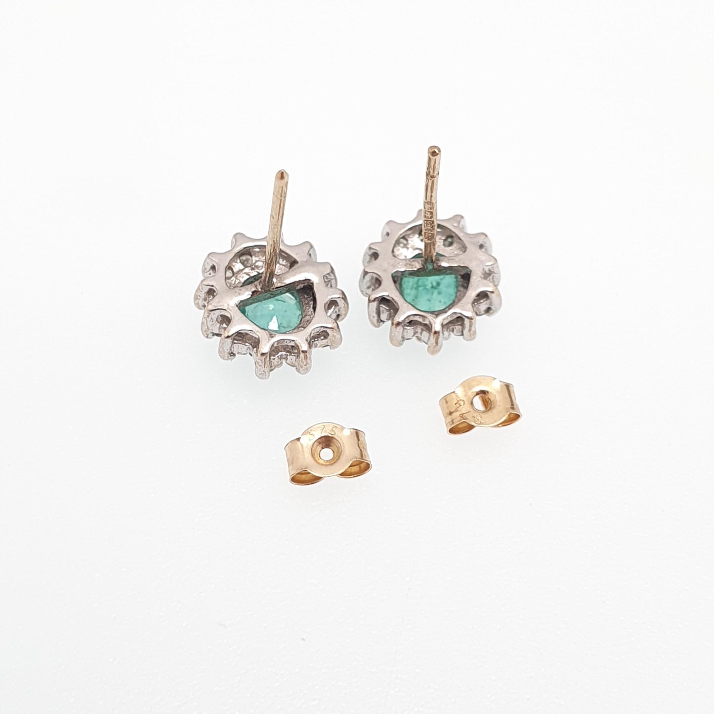 Vintage 9ct Gold Emerald & Diamond Stud Earrings Cluster Halo Solid 9k 375 Oval Cut Genuine Gemstone Jewelry Jewellery