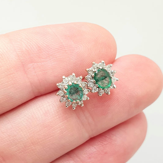 Vintage 9ct Gold Emerald & Diamond Stud Earrings Cluster Halo Solid 9k 375 Oval Cut Genuine Gemstone Jewelry Jewellery