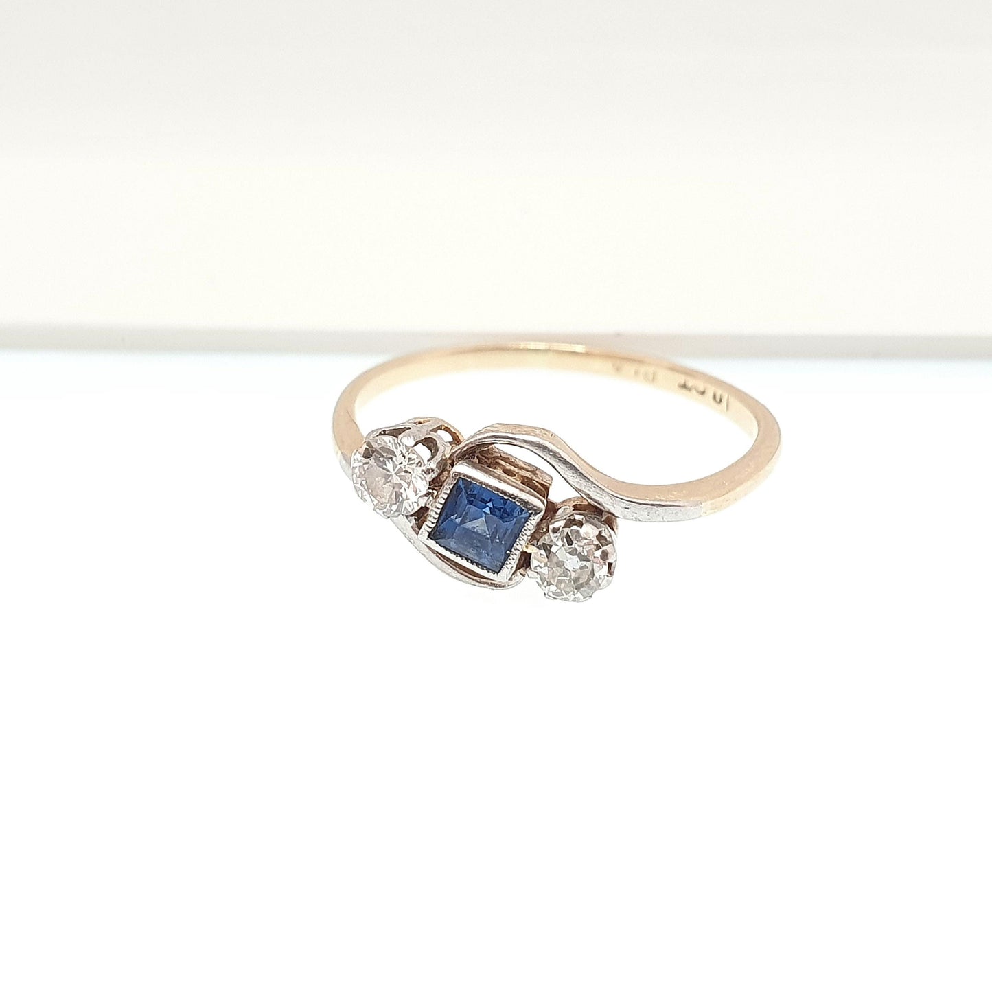 Antique 18ct Gold Sapphire Diamond Ring Square Cut Old Cut Solid 18k 750 Art Deco Trilogy Vintage Jewelry Jewellery