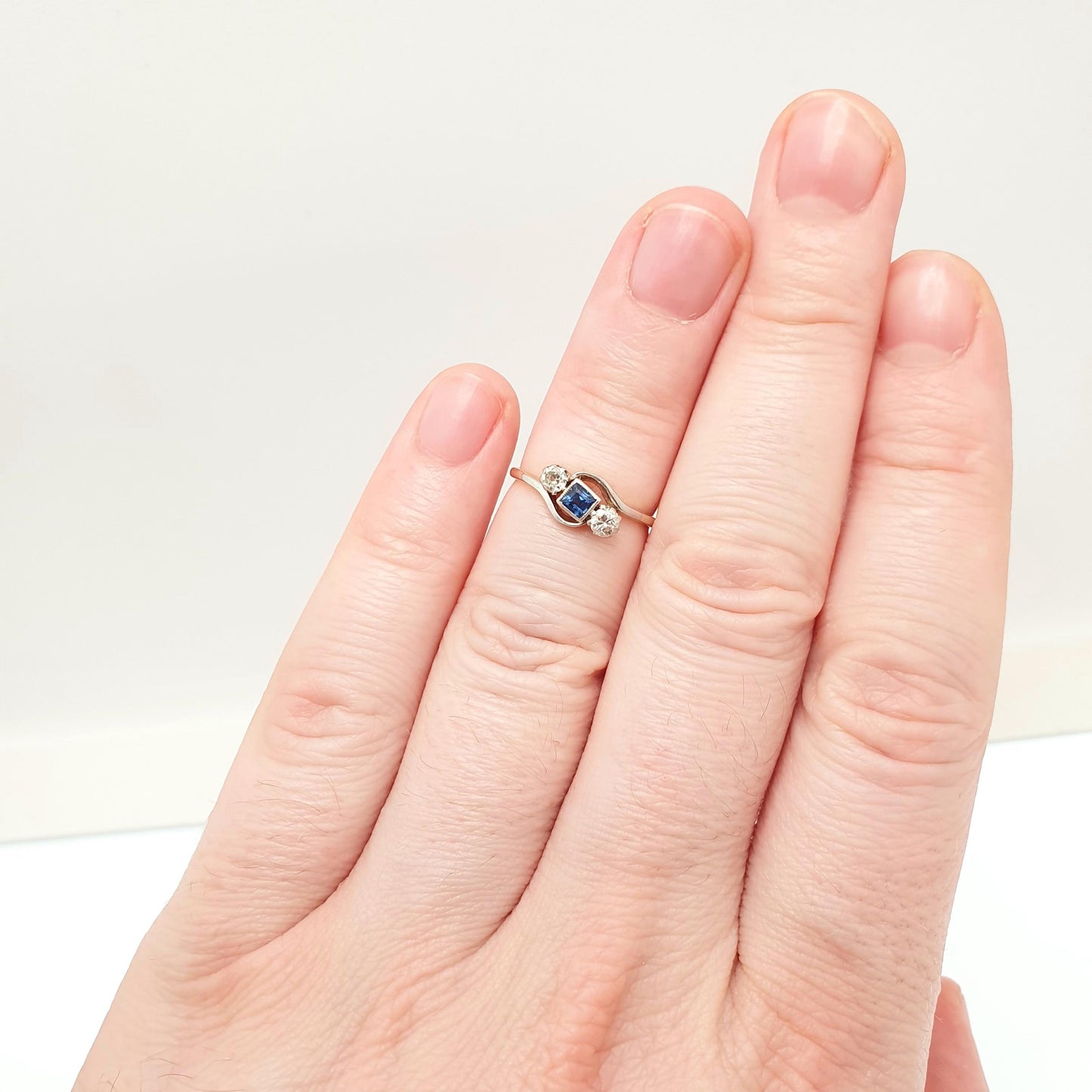 Antique 18ct Gold Sapphire Diamond Ring Square Cut Old Cut Solid 18k 750 Art Deco Trilogy Vintage Jewelry Jewellery