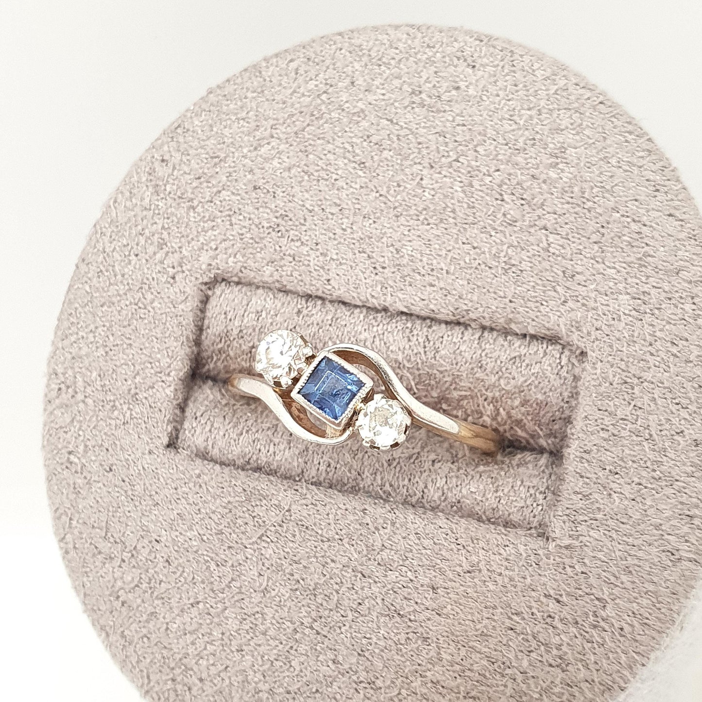 Antique 18ct Gold Sapphire Diamond Ring Square Cut Old Cut Solid 18k 750 Art Deco Trilogy Vintage Jewelry Jewellery
