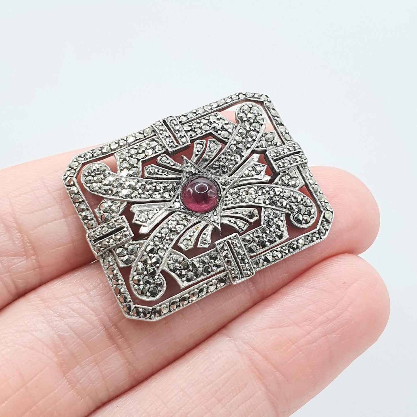 Antique Art Deco Solid Silver Garnet Marcasite Brooch 1920s Large Rectangular Geometric Red Gemstone Womens Jewelry Jewellery