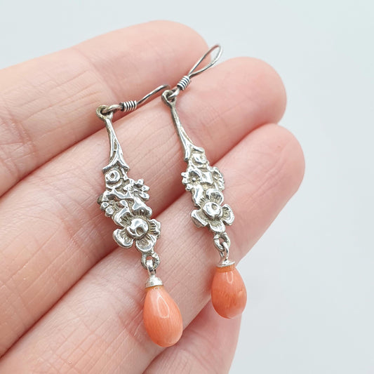 Antique Solid Silver Art Nouveau Coral Drop Earrings Hook Dangle Drop Flower Floral Orange Gemstone Vintage Womens Jewelry Jewellery