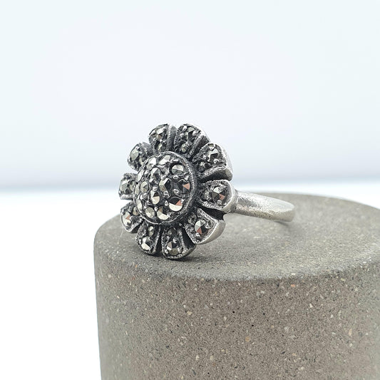 Antique Art Deco Solid Silver Marcasite Cluster Flower Ring Vintage Sparkly Floral Jewelry Jewellery
