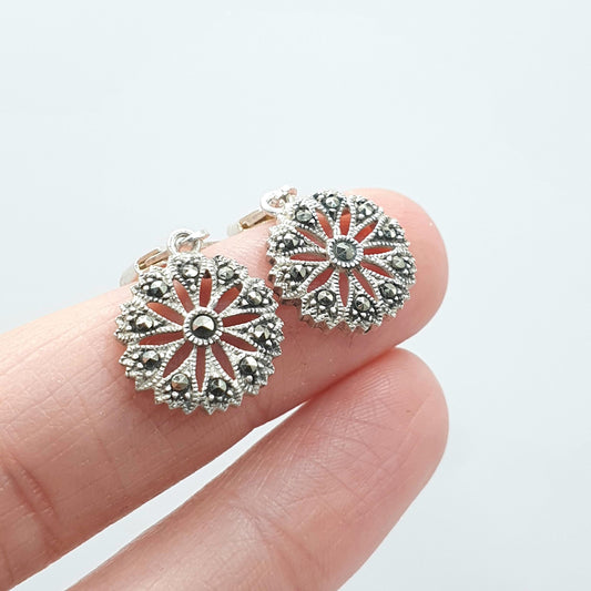 Vintage Sterling Silver Flower Marcasite Earrings Art Deco Style Hook Dangle Drop Cluster Womens Jewelry Jewellery