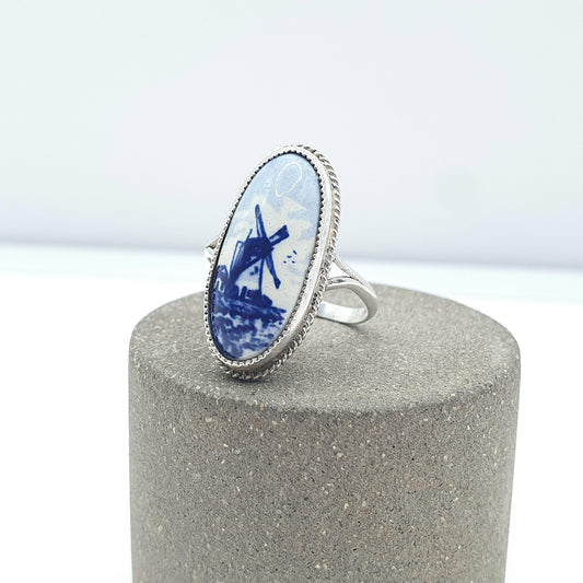 Vintage Solid Silver Dutch China Ring Signet Netherlands Windmill Blue Ceramic Womens Jewellery Jewelry
