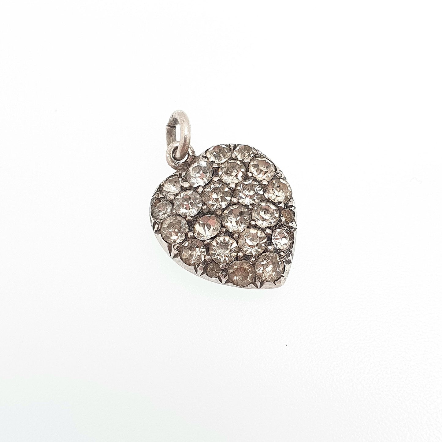 Antique Solid Silver Diamond Paste Puffer Heart Pendant Necklace Victorian Charm Sparkly Vintage Womens Jewellery Jewelry