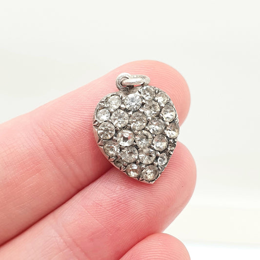 Antique Solid Silver Diamond Paste Puffer Heart Pendant Necklace Victorian Charm Sparkly Vintage Womens Jewellery Jewelry