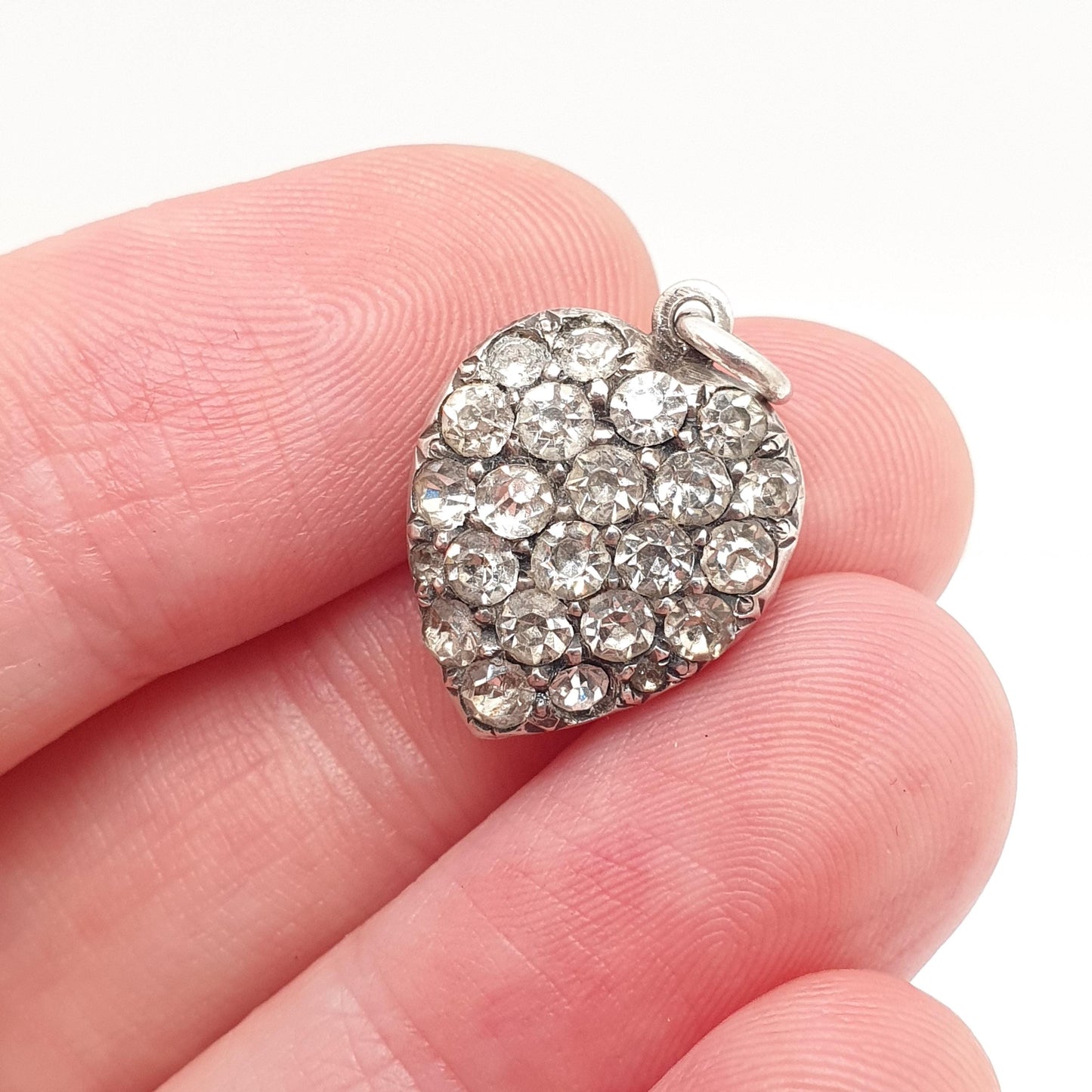Antique Solid Silver Diamond Paste Puffer Heart Pendant Necklace Victorian Charm Sparkly Vintage Womens Jewellery Jewelry
