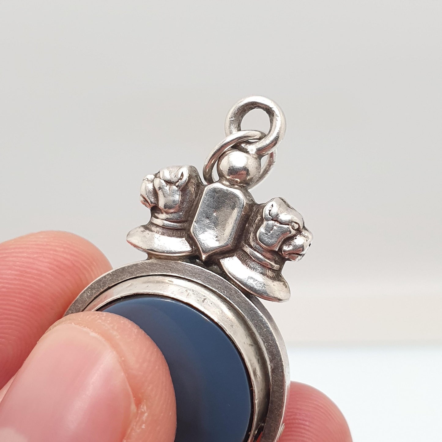 Antique Bulldog Pitbull Sterling Silver Spinner Fob Necklace Pendant Dog Dogs 1893 Hallmark Carnelian Agate Gemstone Vintage Jewelry