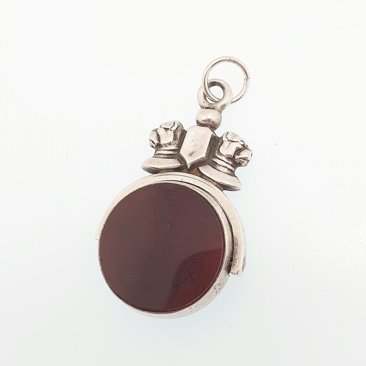 Antique Bulldog Pitbull Sterling Silver Spinner Fob Necklace Pendant Dog Dogs 1893 Hallmark Carnelian Agate Gemstone Vintage Jewelry