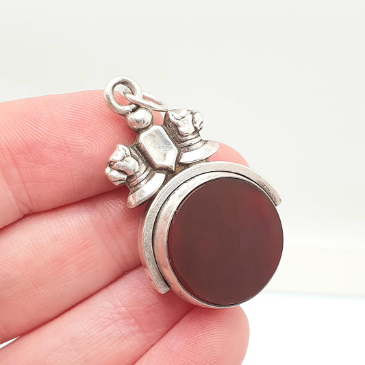 Antique Bulldog Pitbull Sterling Silver Spinner Fob Necklace Pendant Dog Dogs 1893 Hallmark Carnelian Agate Gemstone Vintage Jewelry