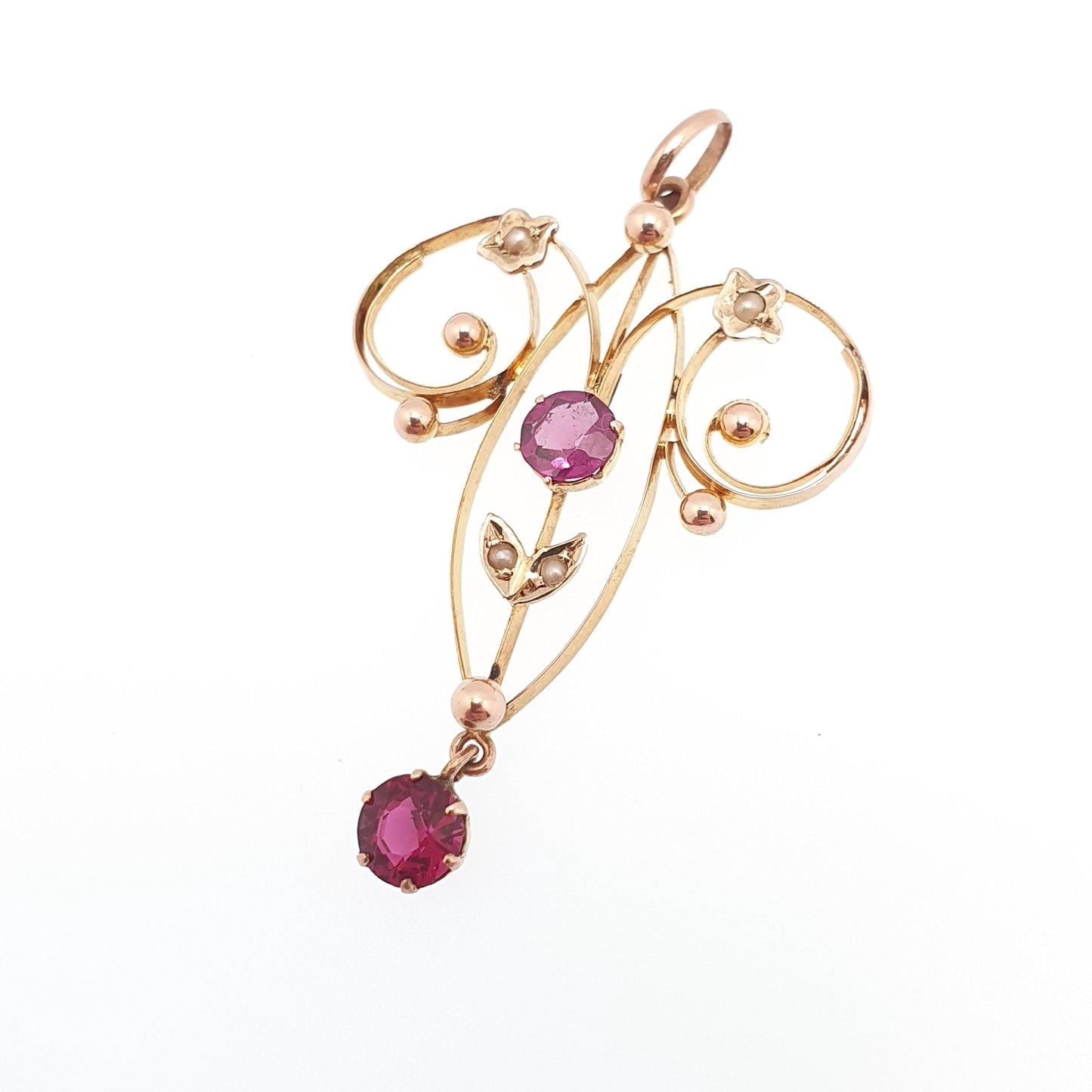 Antique 9ct Gold Pink Tourmaline Necklace Pendant Solid 9kt 9k Openwork Art Nouveau Edwardian Lavaliere Vintage Womens Jewelry Jewellery