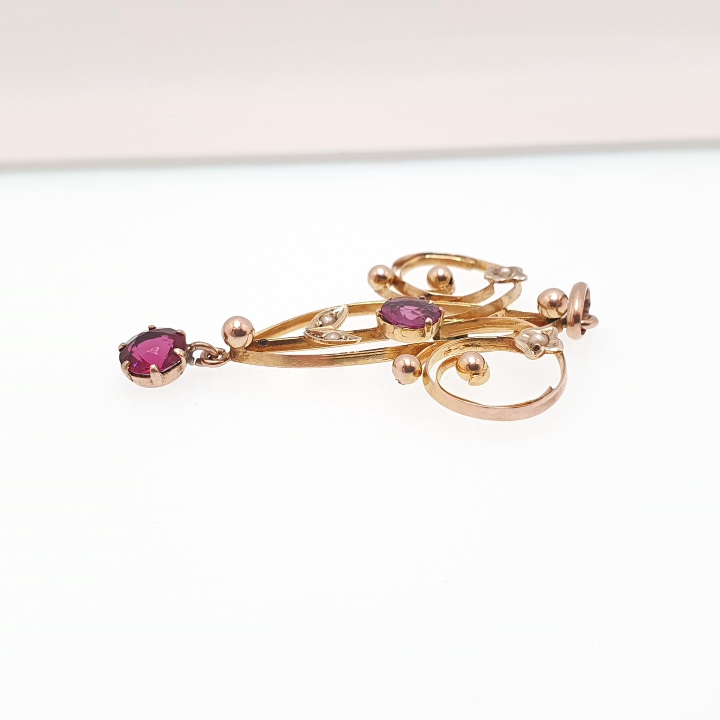 Antique 9ct Gold Pink Tourmaline Necklace Pendant Solid 9kt 9k Openwork Art Nouveau Edwardian Lavaliere Vintage Womens Jewelry Jewellery