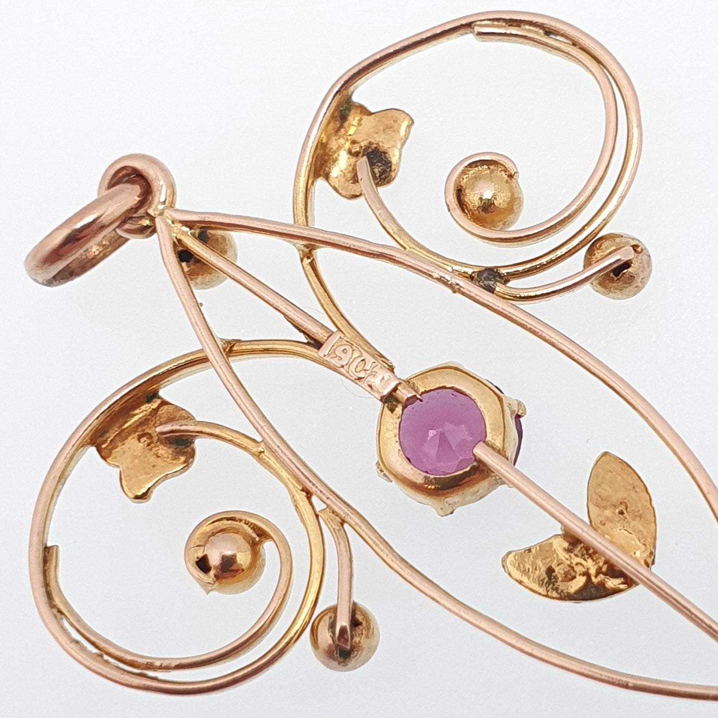 Antique 9ct Gold Pink Tourmaline Necklace Pendant Solid 9kt 9k Openwork Art Nouveau Edwardian Lavaliere Vintage Womens Jewelry Jewellery