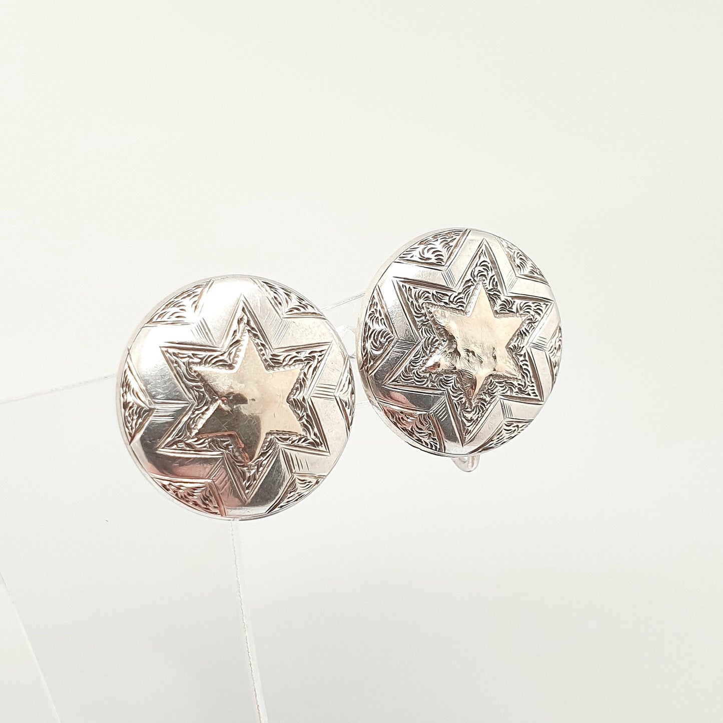 Antique Victorian Solid Silver Star Earrings Gold Highlights Starburst Engraved Screw Back Vintage Jewelry Jewellery