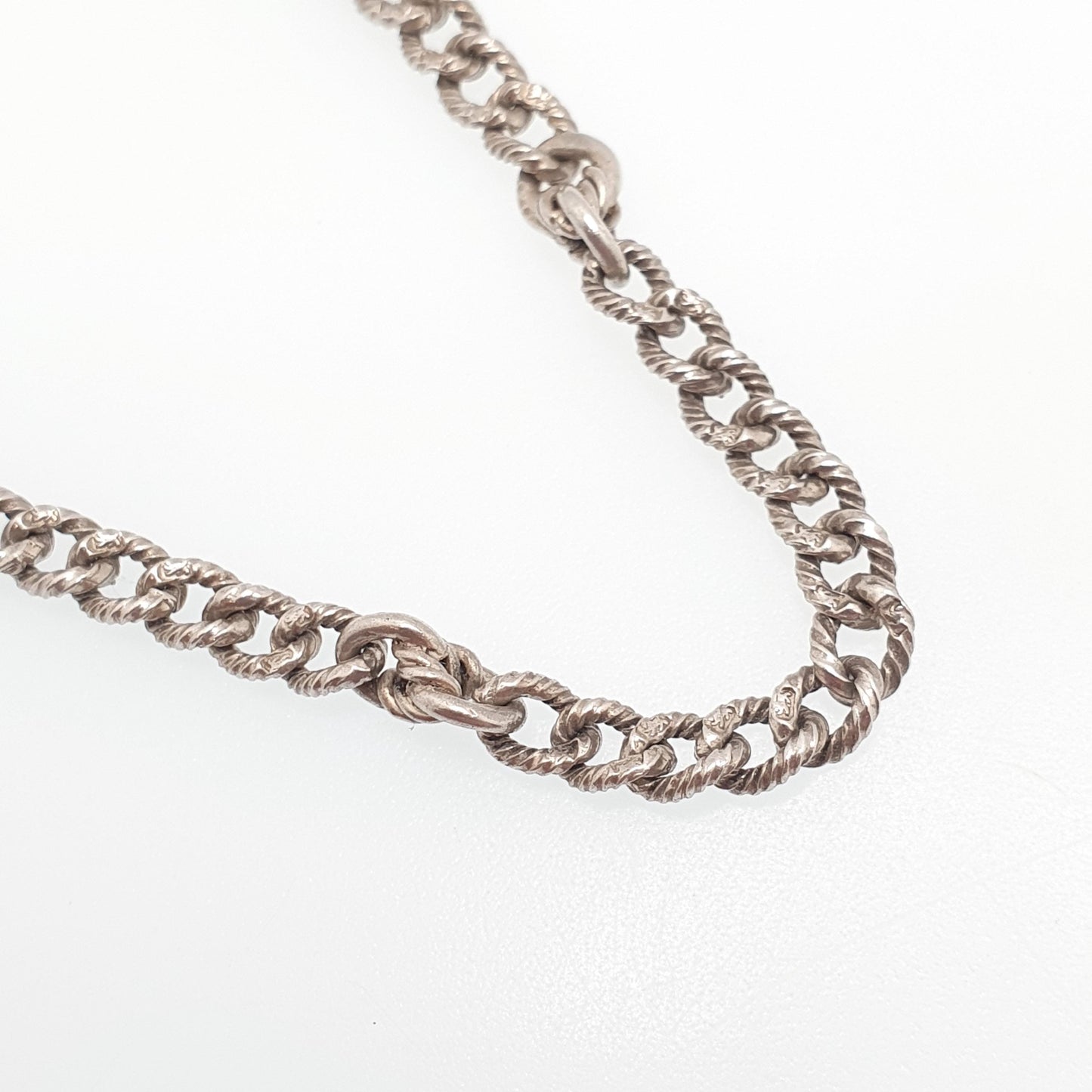 Antique Sterling Silver Patterned Curb Link Chain Bracelet Dog Clip Victorian Knot Links 55.88g 22cm Womens Mens Vintage Jewelry