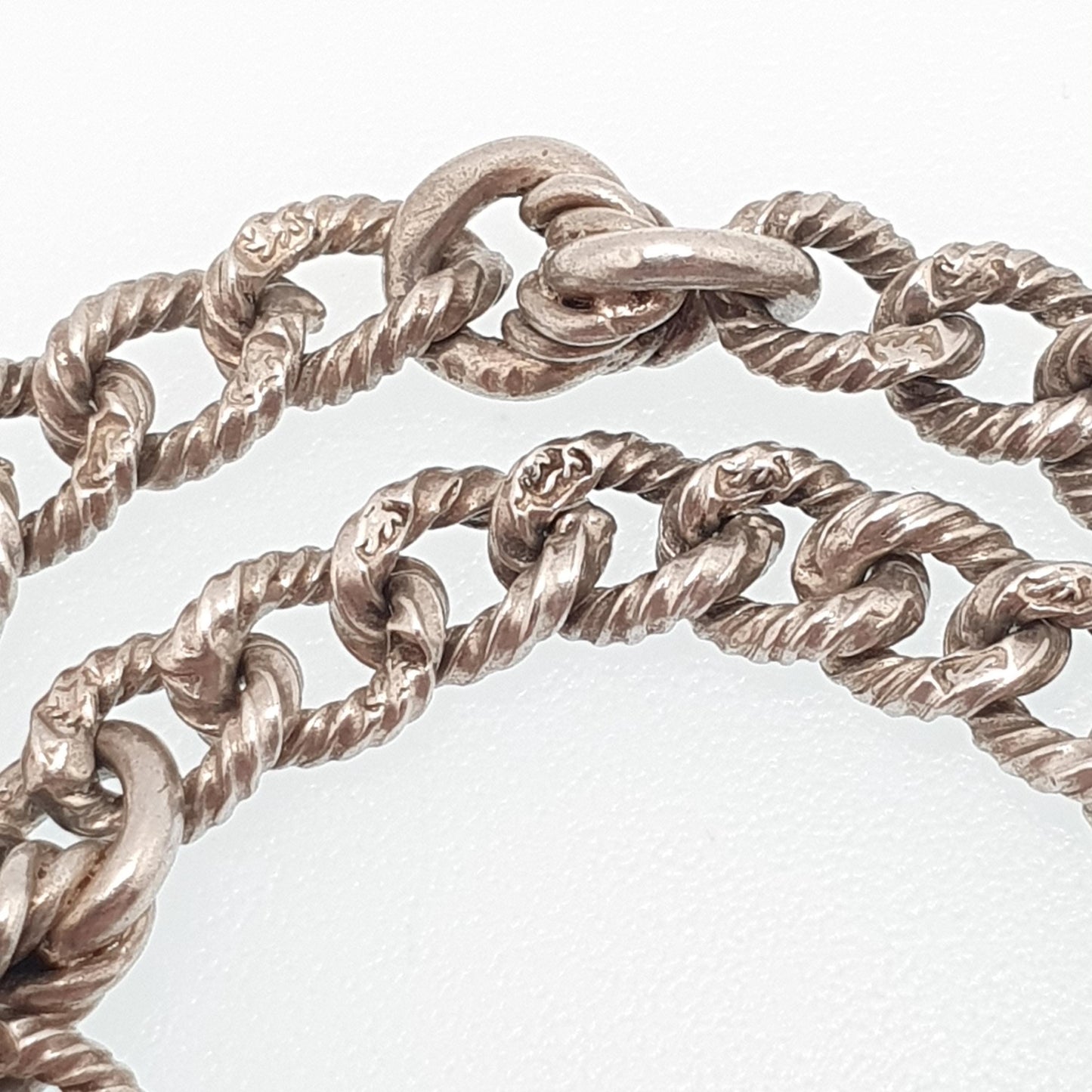 Antique Sterling Silver Patterned Curb Link Chain Bracelet Dog Clip Victorian Knot Links 55.88g 22cm Womens Mens Vintage Jewelry