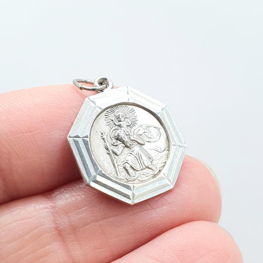 GEORG JENSEN Vintage Sterling Silver St Christopher Pendant Small Octagonal One Sided Saint Jewellery Jewelry Men Women 925 Travel