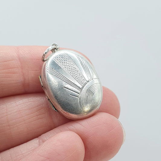 Antique Solid Silver Oval Locket Art Deco Sunburst Sun Back and Front Hand Engraved Pendant Necklace Womens Unisex Jewelry Jewellery