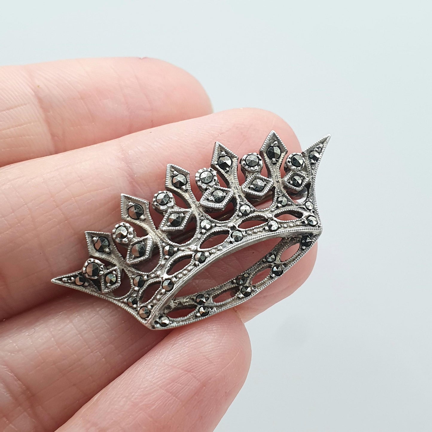 Antique Art Deco Sterling Silver Crown Brooch Marcasite Royal Royalty King Queen Mens Womens Jewelry Jewellery