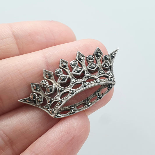 Antique Art Deco Sterling Silver Crown Brooch Marcasite Royal Royalty King Queen Mens Womens Jewelry Jewellery