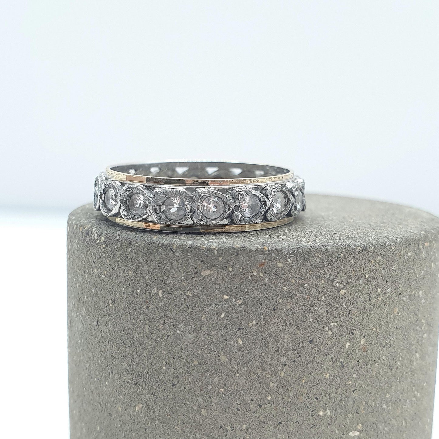 Antique Art Deco 9ct Gold & Solid Silver White Spinel Eternity Ring Heart Border Sparkly Womens Jewelry Jewellery UKO.5 US7.5