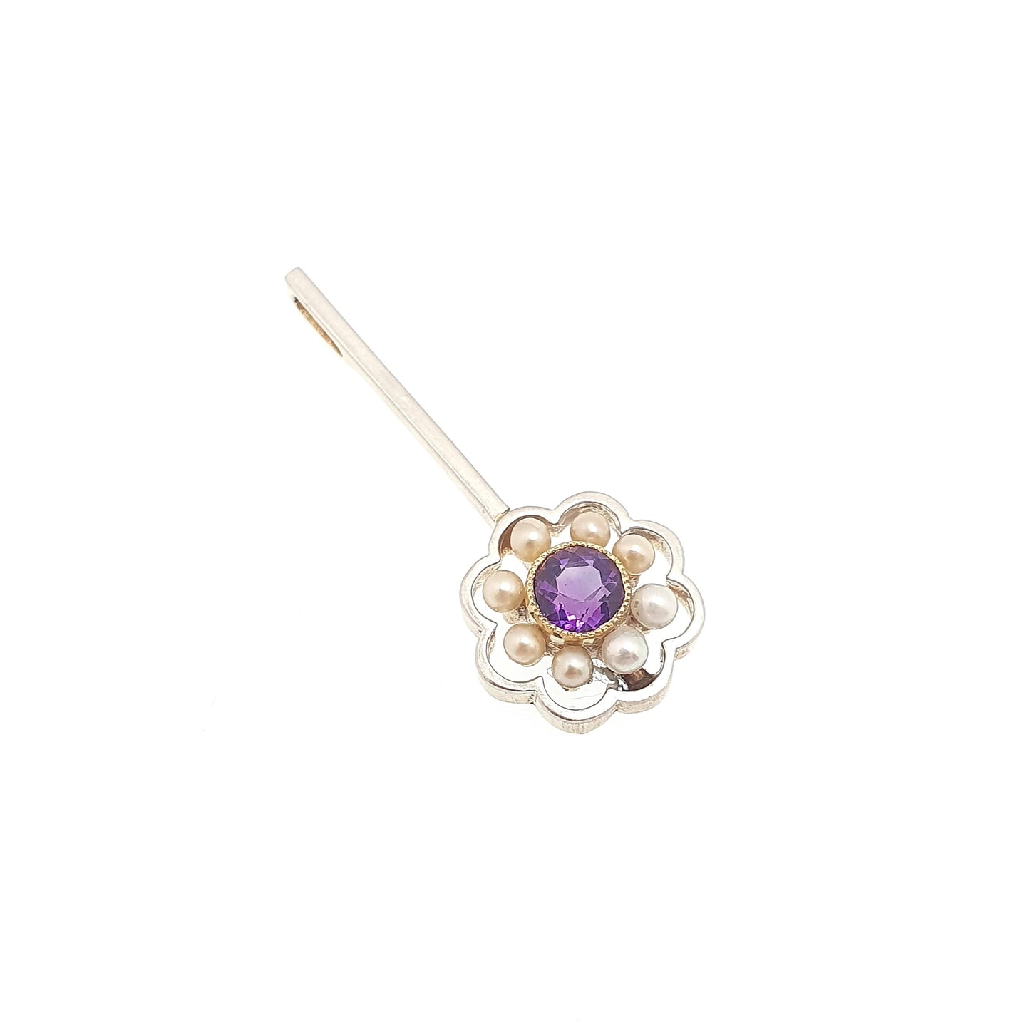 Antique 15ct Gold Amethyst Seed Pearl Pendant Art Deco Cluster Drop Necklace 15 Carat White Gold Front Vintage Jewellery Jewelry