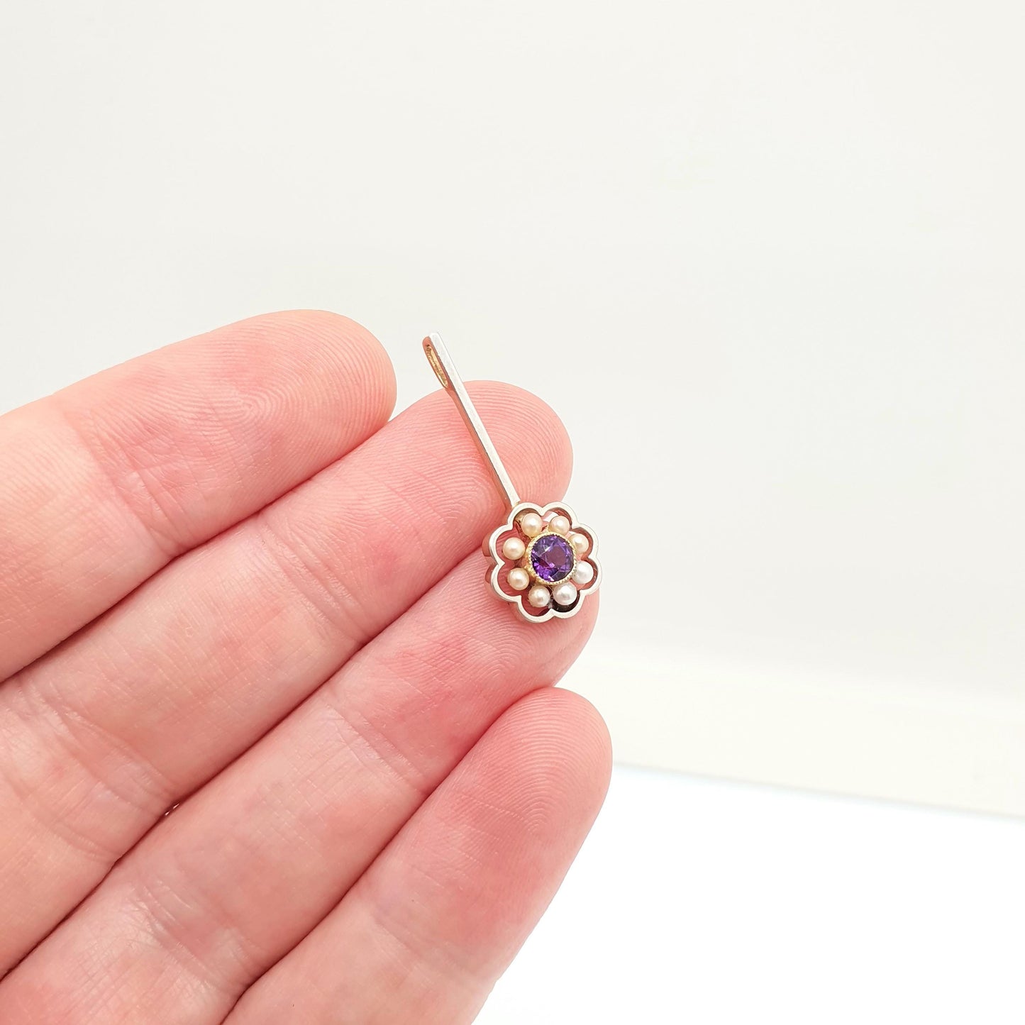Antique 15ct Gold Amethyst Seed Pearl Pendant Art Deco Cluster Drop Necklace 15 Carat White Gold Front Vintage Jewellery Jewelry