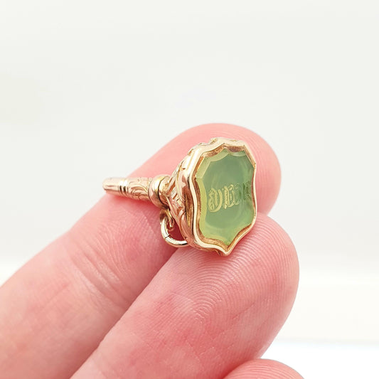 Antique 18ct Gold Intaglio Fob Pendant Necklace Victorian Lime Green Agate Gemstone Albert Solid 18k 750 Vintage Jewellery Jewelry