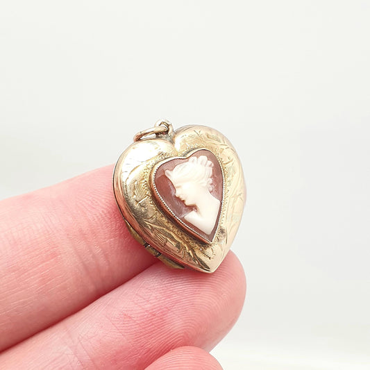 Antique 9ct 9k Gold Cameo Heart Locket Back & Front Hand Carved Shell Engraved Vintage Necklace Photo Pendant Jewelry Jewellery