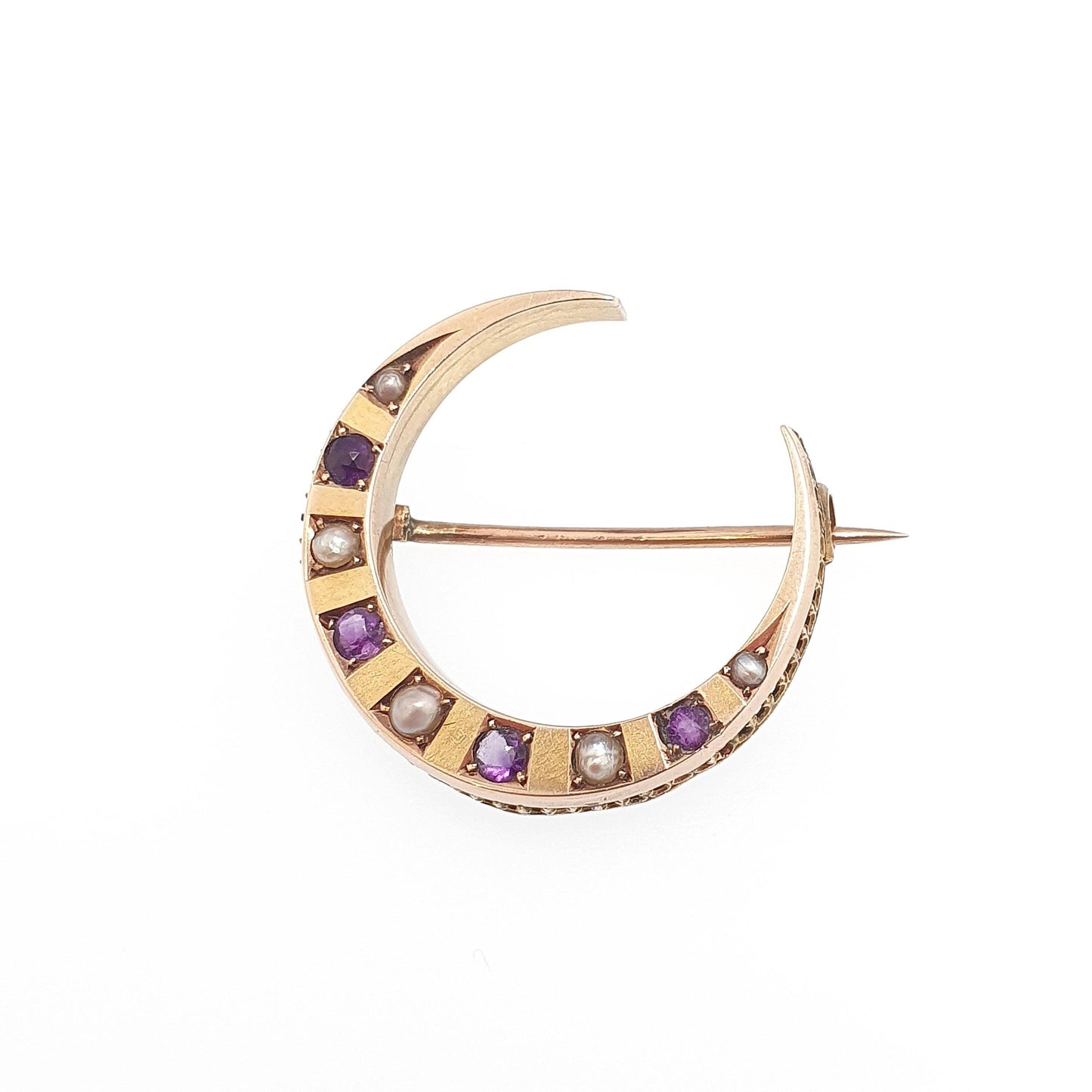 Antique 9ct Gold Crescent Moon Amethyst Pearl Brooch Victorian Solid 9k 9kt Celestial Gemstone Womens Jewelry Jewellery