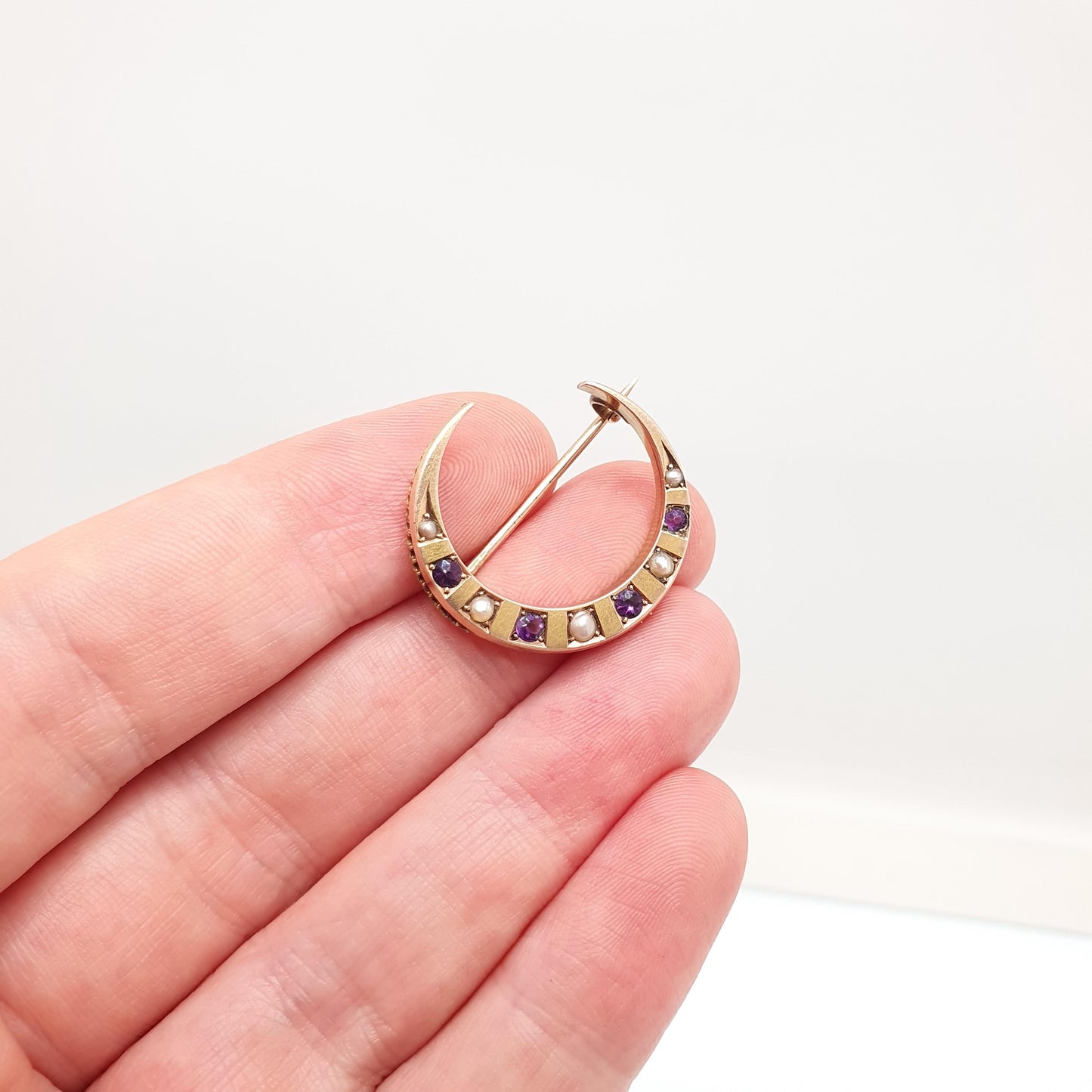 Antique 9ct Gold Crescent Moon Amethyst Pearl Brooch Victorian Solid 9k 9kt Celestial Gemstone Womens Jewelry Jewellery