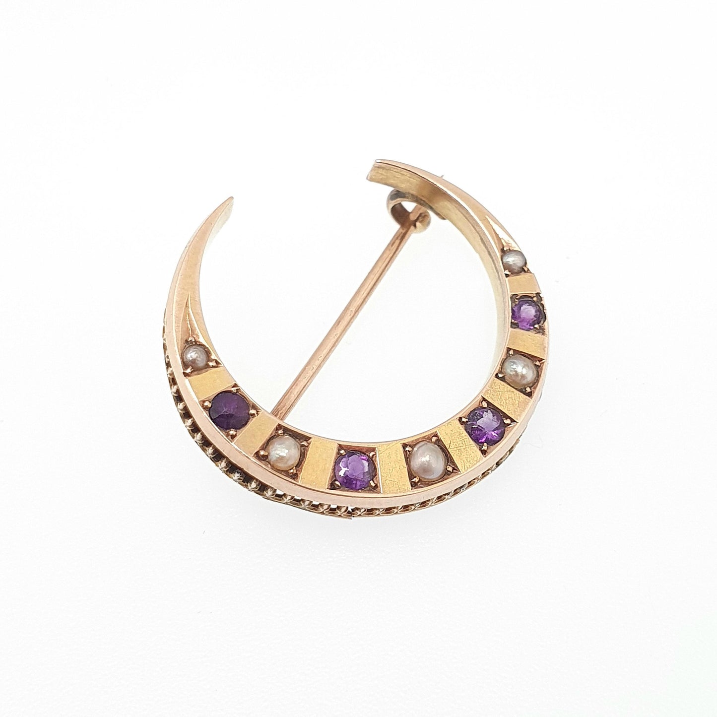 Antique 9ct Gold Crescent Moon Amethyst Pearl Brooch Victorian Solid 9k 9kt Celestial Gemstone Womens Jewelry Jewellery
