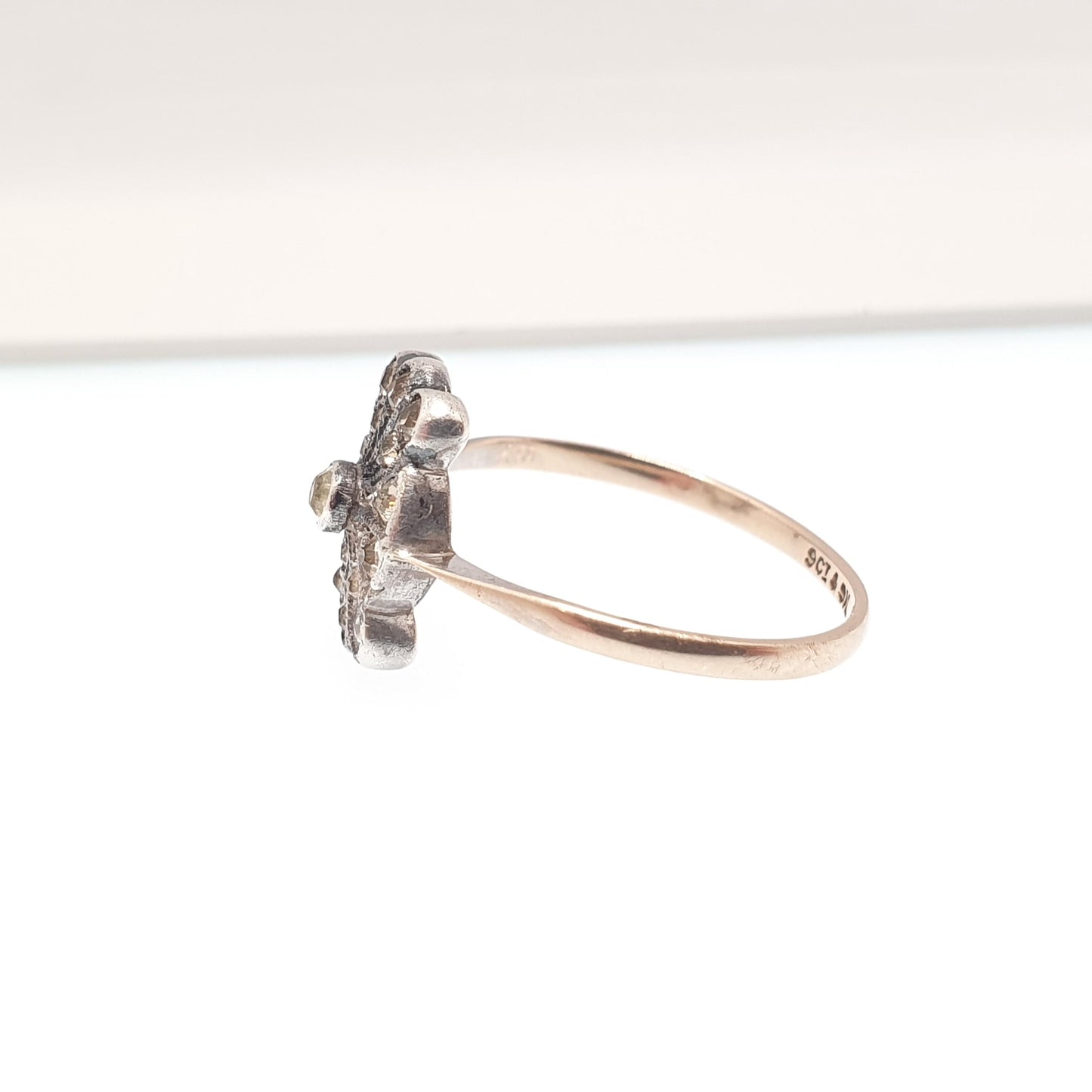 Antique 9ct 9kt Gold Diamond Paste Ring Art Deco Cocktail Solid Silver 1920s Flapper Foiled Vintage Womens Jewelry