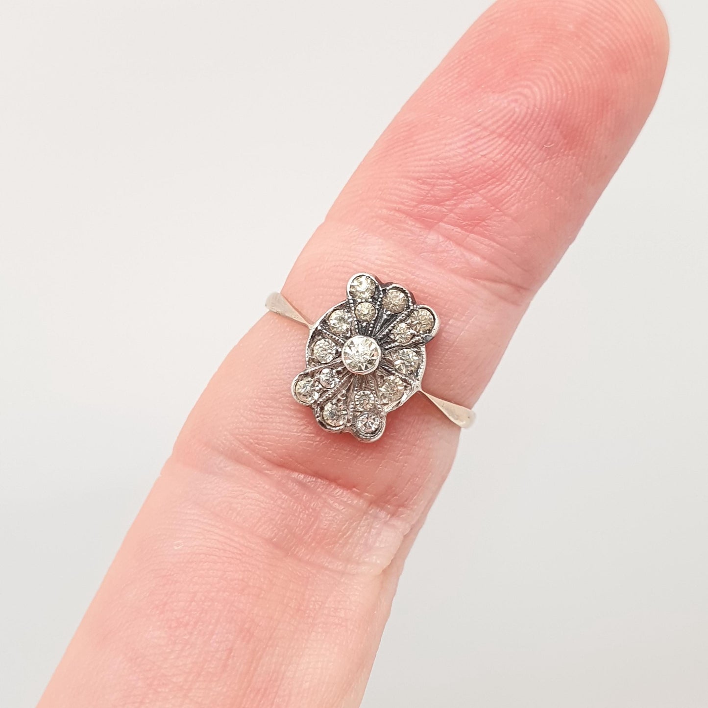Antique 9ct 9kt Gold Diamond Paste Ring Art Deco Cocktail Solid Silver 1920s Flapper Foiled Vintage Womens Jewelry