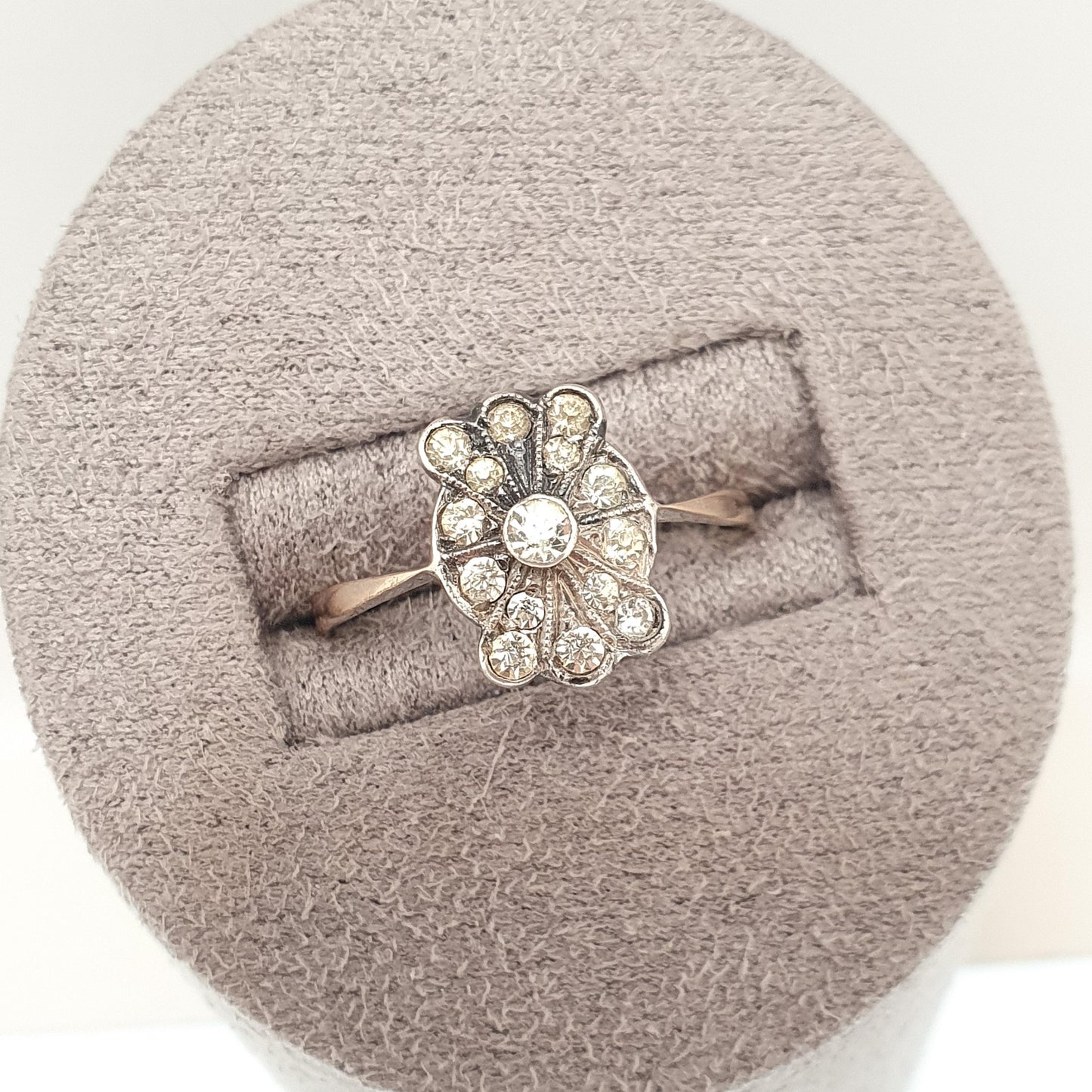 Antique 9ct 9kt Gold Diamond Paste Ring Art Deco Cocktail Solid Silver 1920s Flapper Foiled Vintage Womens Jewelry
