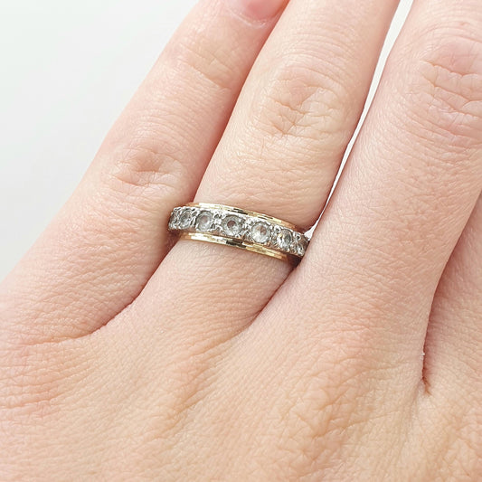 Old Vintage 9ct Gold & Solid Silver White Spinel Eternity Ring Infinity Round Cut White Gemstone Womens Jewelry Jewellery
