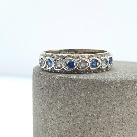 Antique Art Deco 9ct Gold & Solid Silver Blue and White Spinel Eternity Ring Heart Border Jewelry Jewellery