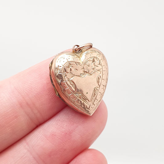 Antique Victorian 9ct Rose Gold Heart Locket Solid 9k 9kt Back and Front Engraved Pendant Love Necklace Jewelry Womens Jewellery