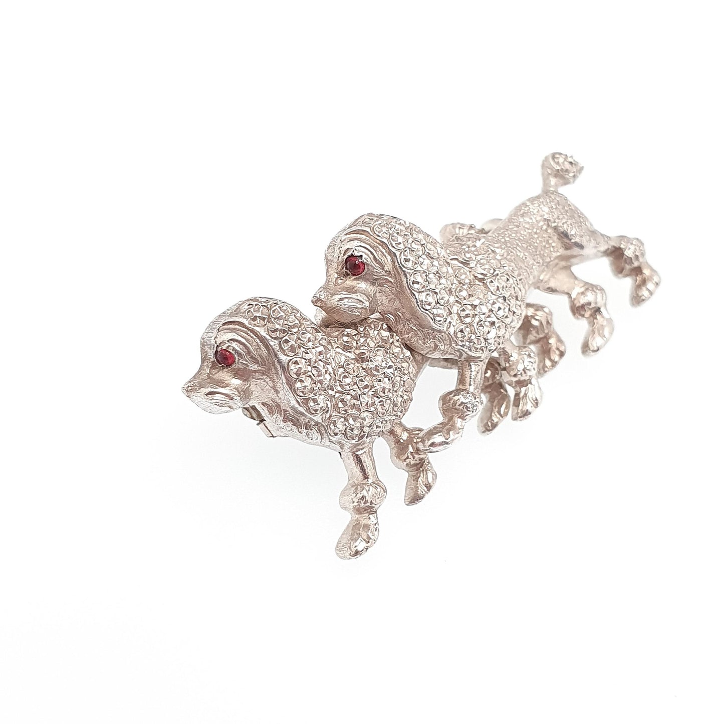 Antique Solid Silver Poodle Dog Brooch Pin Victorian Pair of Dogs Ruby Paste Eyes Animal Canine Vintage Jewellery Jewelry