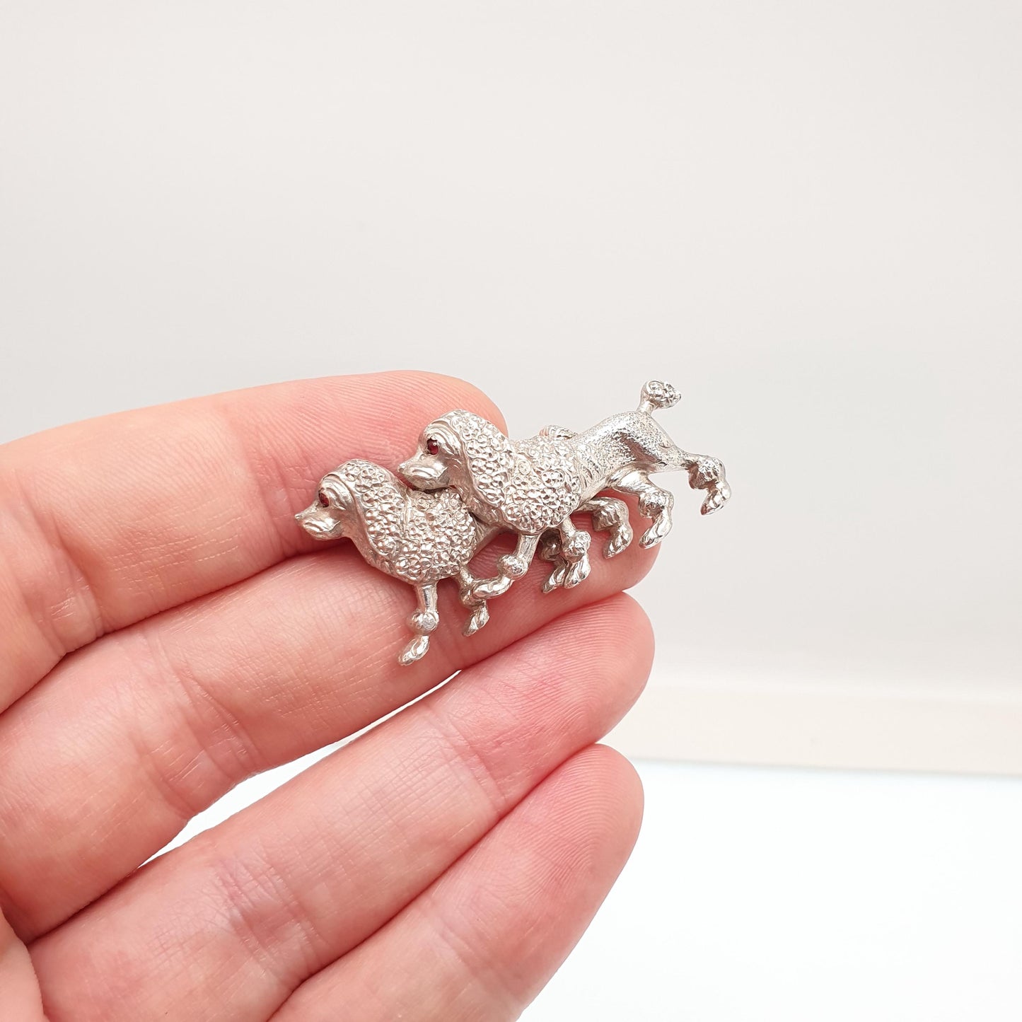 Antique Solid Silver Poodle Dog Brooch Pin Victorian Pair of Dogs Ruby Paste Eyes Animal Canine Vintage Jewellery Jewelry